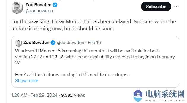 微软 Win11 Moment 5 更新已延期推送，但不会太久